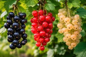 Чёрная, красная и белая смородина на кустах