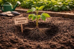 Правильная глубина посадки малины с корневой шейкой на уровне почвы